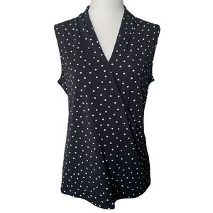 Adrianna Papell Black w/White Polka Dot Sleeveless Faux Wrap Blouse Small